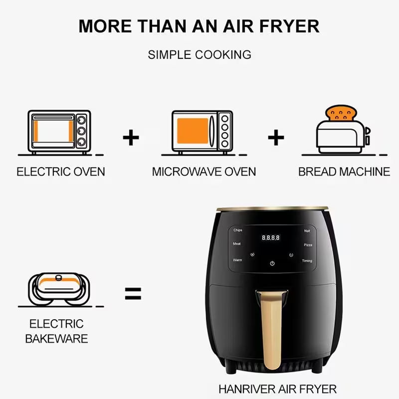 6L LCD Digital Air Fryer Healthy Oil Free Frying Large Capacity Oven with Touch Screen for Family Low Fat Cooking