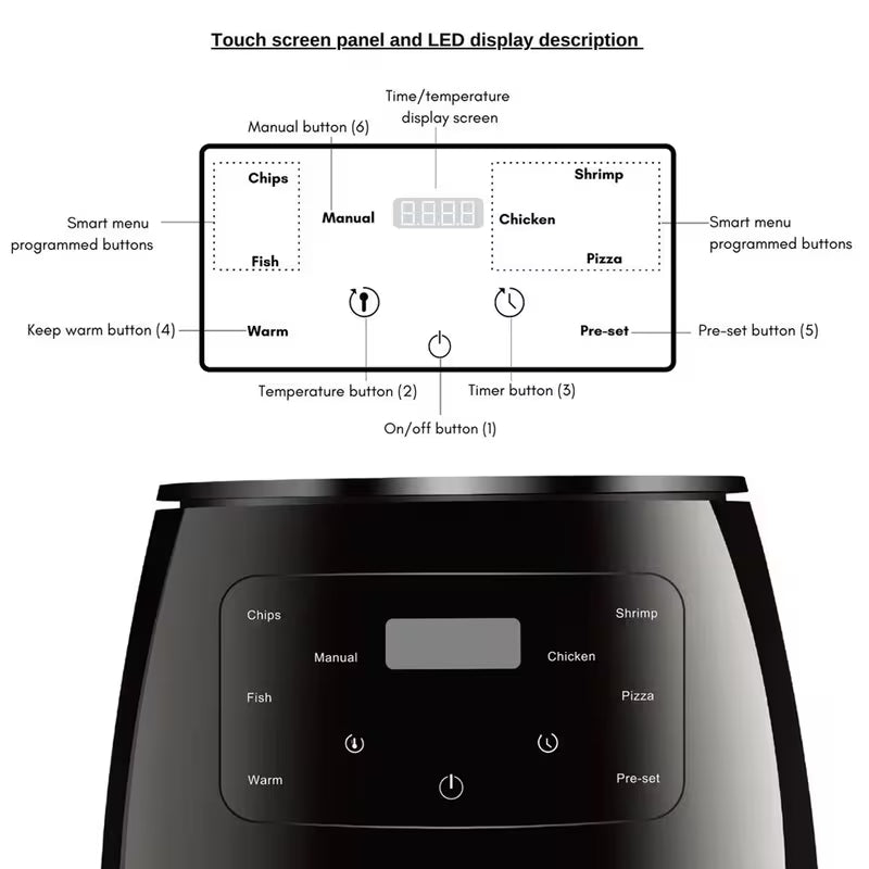 6L LCD Digital Air Fryer Healthy Oil Free Frying Large Capacity Oven with Touch Screen for Family Low Fat Cooking